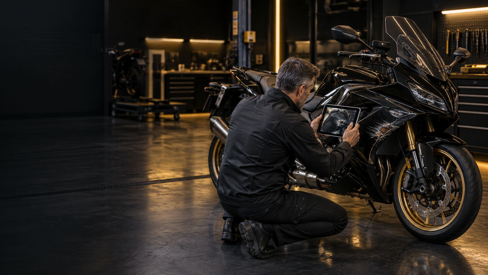 Motorradgutachter dokumentiert einen Motorradschaden in Berlin