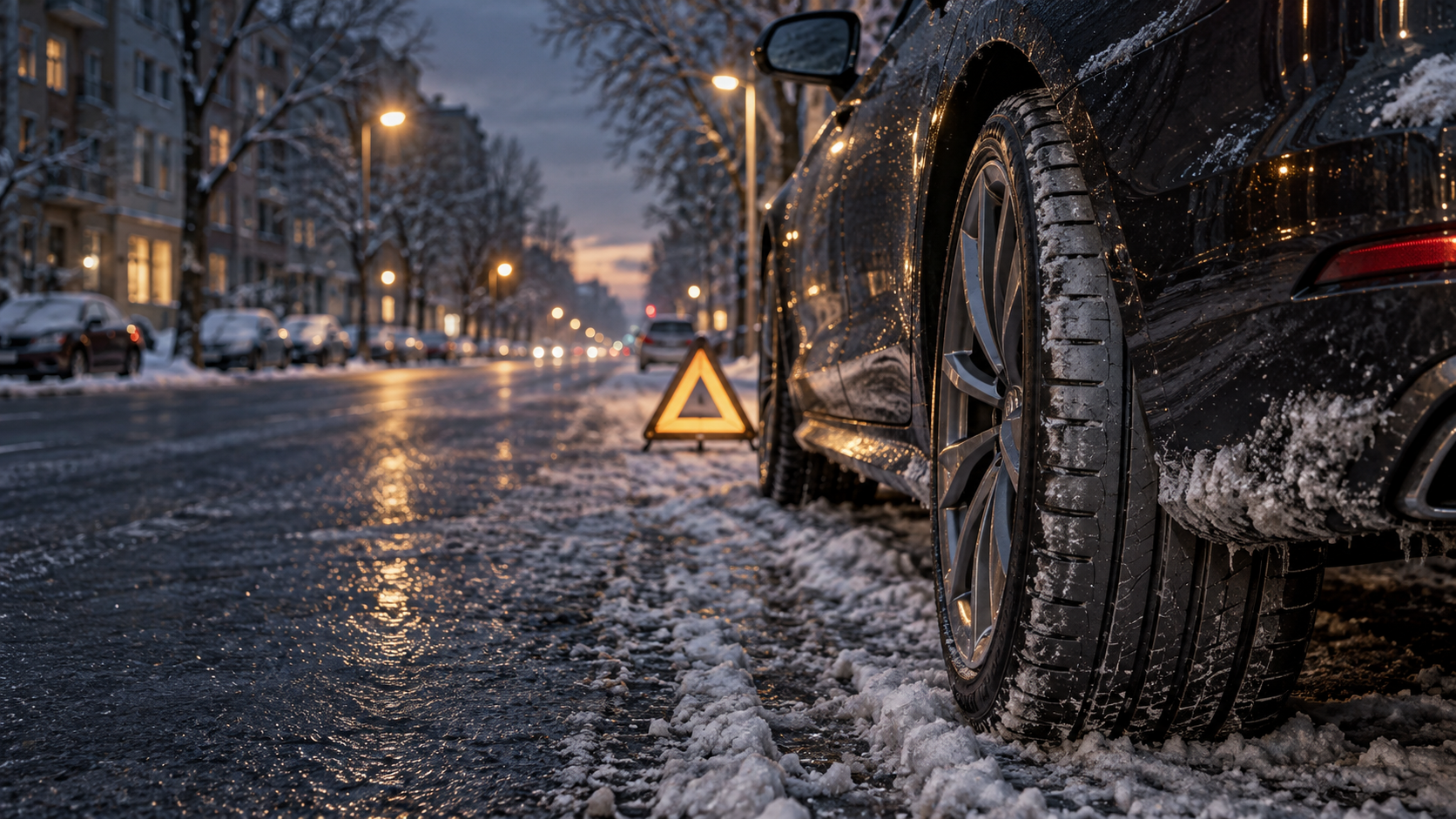 Sommerreifen im Winter auf verschneiter Berliner Straße
